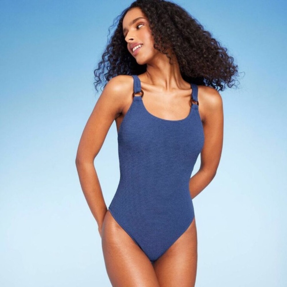 Shade and Shore Square Neck Puckered High Leg Blue Swimsuit